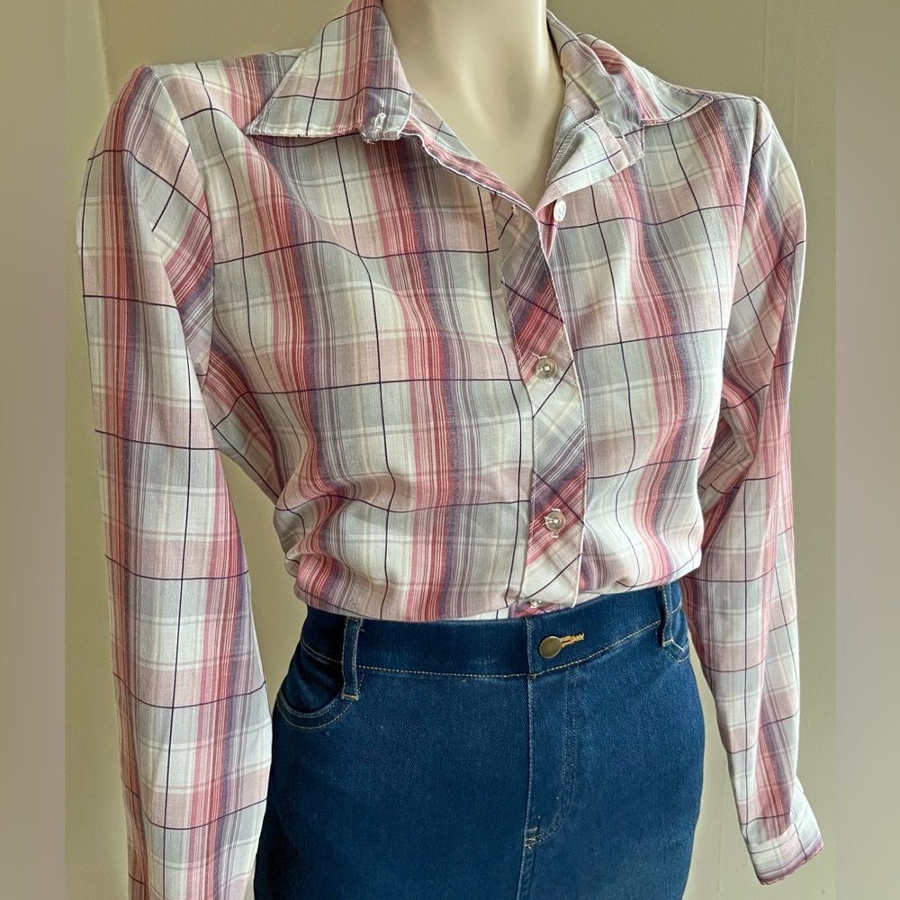 Vintage 70s Pastel Plaid Button Up Blouse Pink Gray Sheer Cottagecore Top